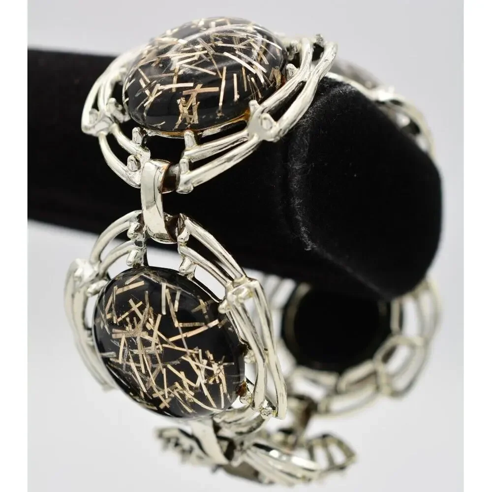 Tara Vintage Lucite Bracelet Chain Chunky Confetti Metallic Silver Signed Bin2